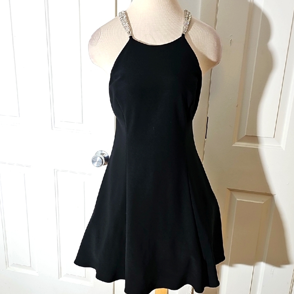 Betsy Adam Black Dress with Reistone Straps.‎ Mini. Size 12. H8
